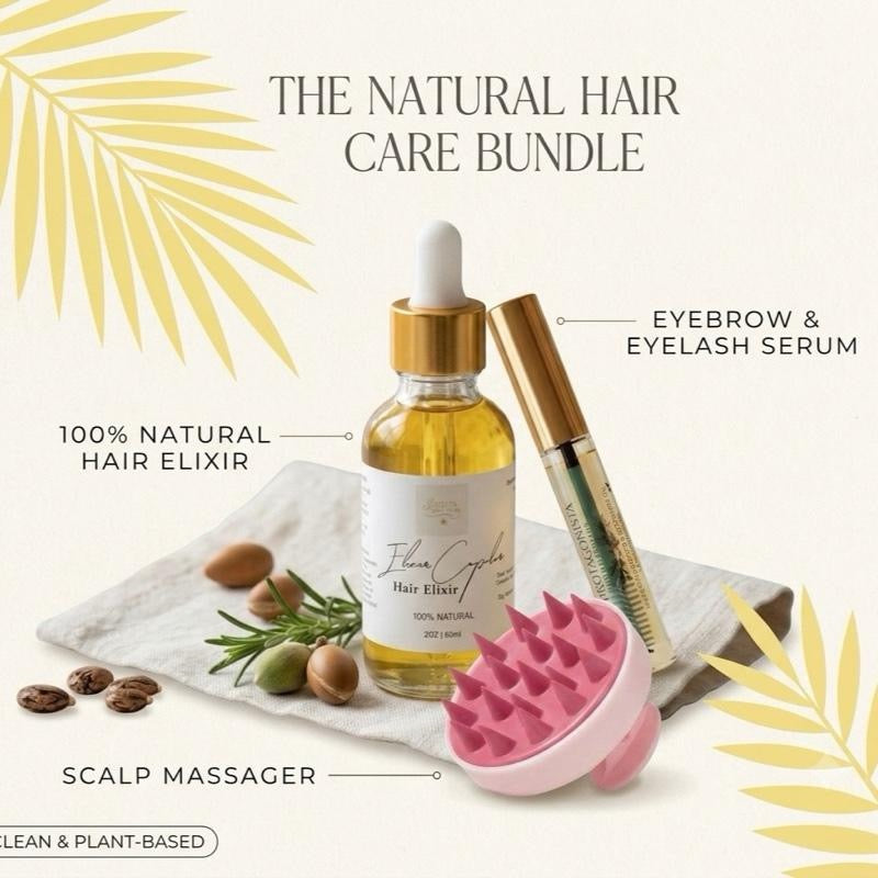 Nature Bundle Set - Hair Elixir-2oz+ Eyelash/Eyebrow Serum-10ml + Scalp Massager