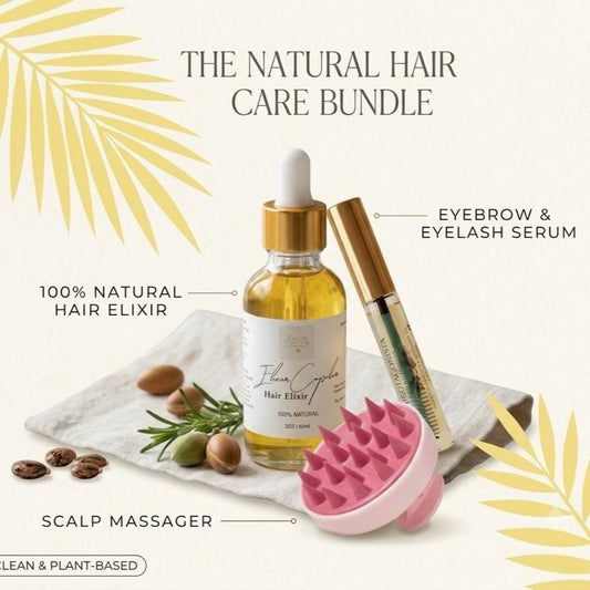 Nature Bundle Set - Hair Elixir-2oz+ Eyelash/Eyebrow Serum-10ml + Scalp Massager